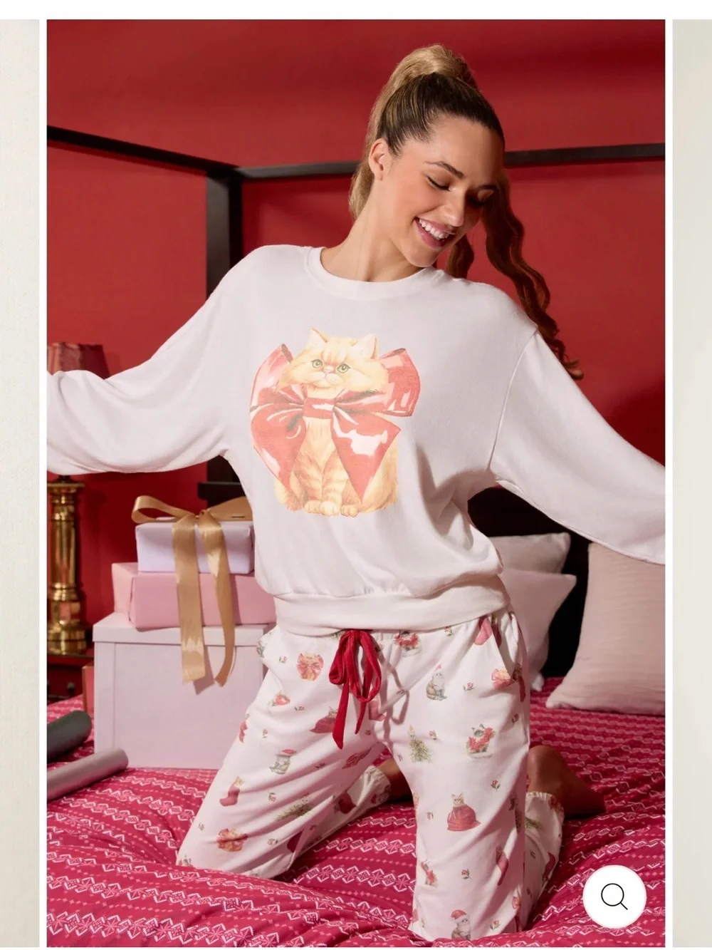 PJ Salvage White Cat Graphic Pajama Set with Pink & Red Accents